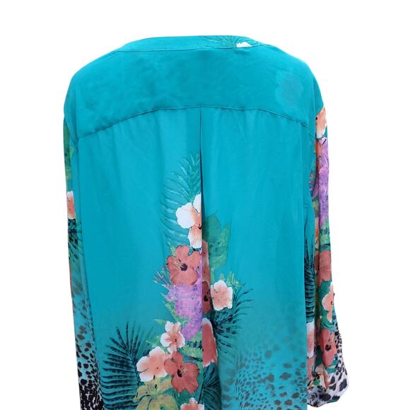 Soft Surroundings Teal Blue Green Printed Floral Top Roll Tab Sleeves Sz 1X - Picture 10 of 12